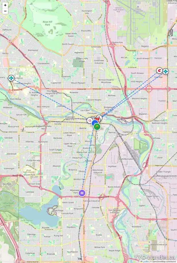 Daily accessibility map for 205 9 AV SE, Calgary showing nearby schools, grocery stores, parks, LRT stations and nearby amenities