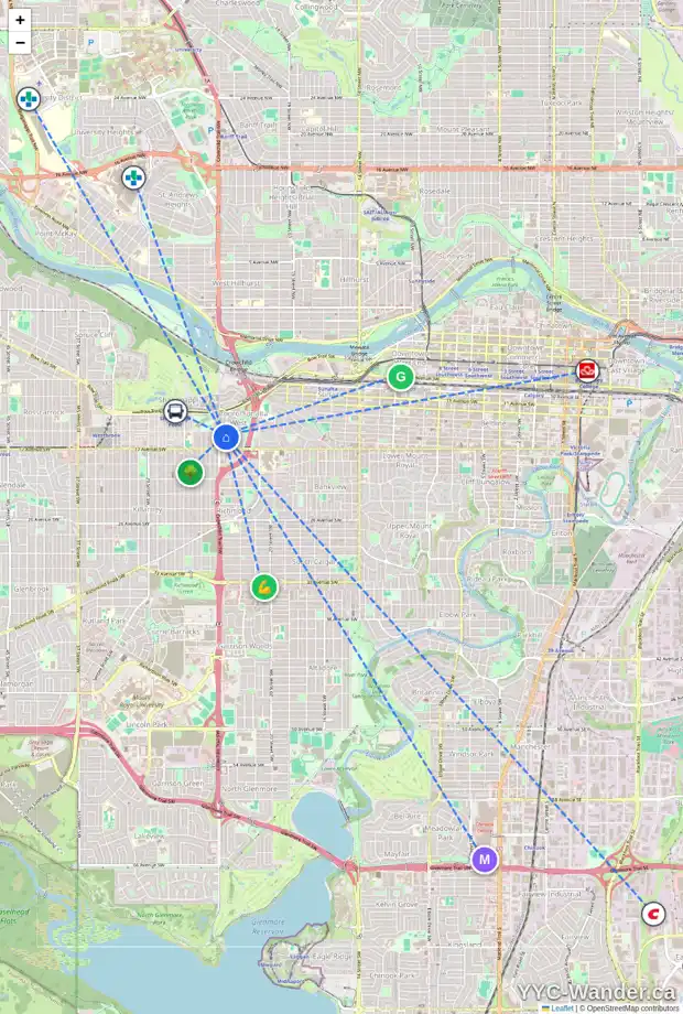 Daily accessibility map for 1711 23 ST SW, Calgary showing nearby schools, grocery stores, parks, LRT stations and nearby amenities