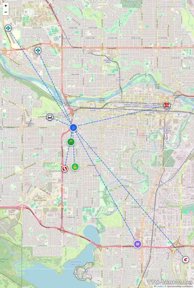 Daily accessibility map for 1623 SUMMIT ST SW, Calgary showing nearby schools, grocery stores, parks, LRT stations and nearby amenities