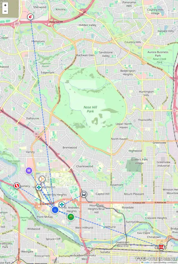 Daily accessibility map for 3616 8 AV NW, Calgary showing nearby schools, grocery stores, parks, LRT stations and nearby amenities
