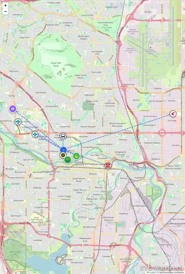 Daily accessibility map for 417 18 ST NW, Calgary showing nearby schools, grocery stores, parks, LRT stations and nearby amenities
