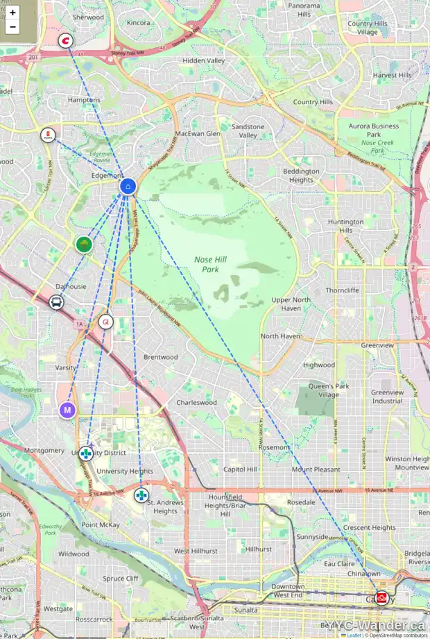 Daily accessibility map for 1223 EDENWOLD HT NW, Calgary showing nearby schools, grocery stores, parks, LRT stations and nearby amenities