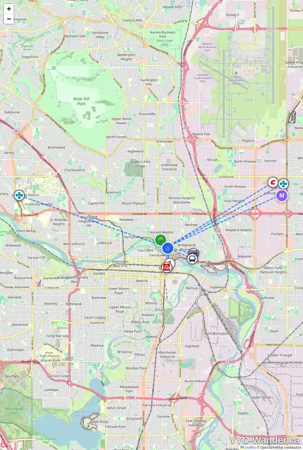 Daily accessibility map for 401 316 1 AV NE, Calgary showing nearby schools, grocery stores, parks, LRT stations and nearby amenities