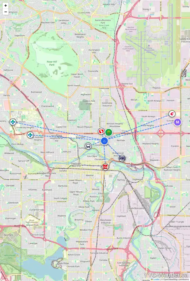 Daily accessibility map for 224 11 AV NE, Calgary showing nearby schools, grocery stores, parks, LRT stations and nearby amenities