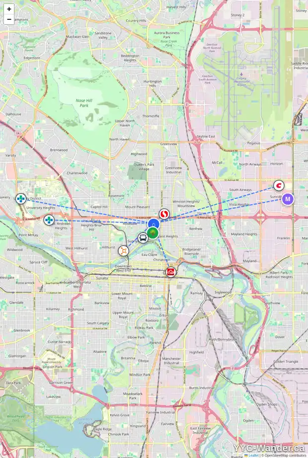 Daily accessibility map for 312 13 AV NW, Calgary showing nearby schools, grocery stores, parks, LRT stations and nearby amenities