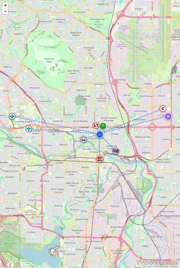 Daily accessibility map for 236 11 AV NE, Calgary showing nearby schools, grocery stores, parks, LRT stations and nearby amenities