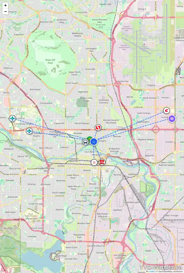 Daily accessibility map for 217 8 AV NW, Calgary showing nearby schools, grocery stores, parks, LRT stations and nearby amenities