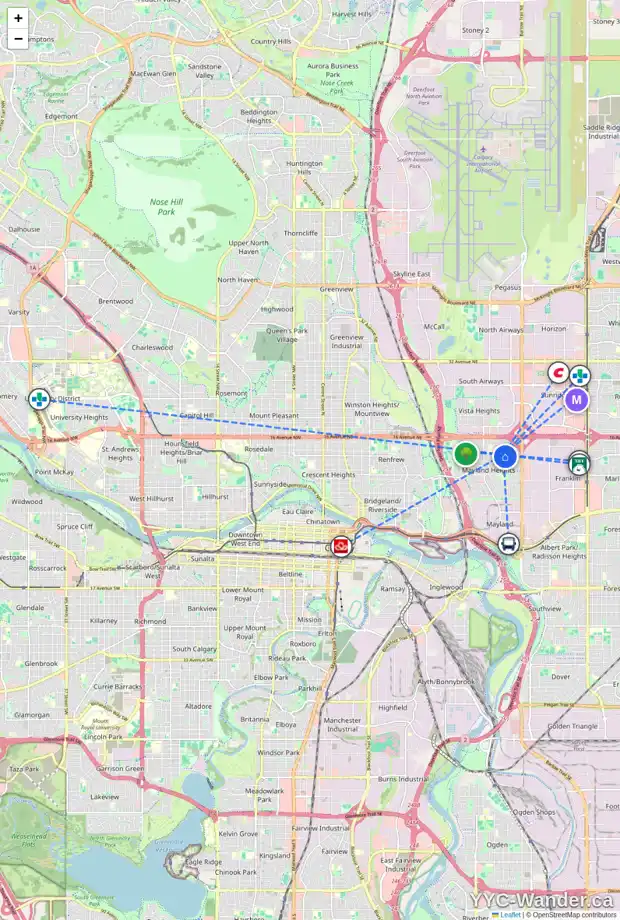 Daily accessibility map for 1107 MOTHERWELL RD NE, Calgary showing nearby schools, grocery stores, parks, LRT stations and nearby amenities