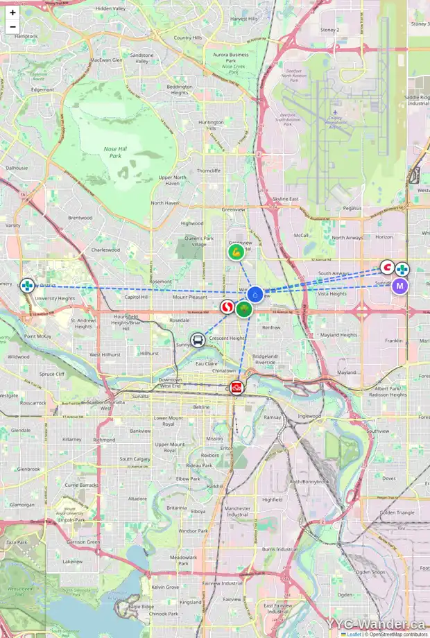 Daily accessibility map for 617 22 AV NE, Calgary showing nearby schools, grocery stores, parks, LRT stations and nearby amenities