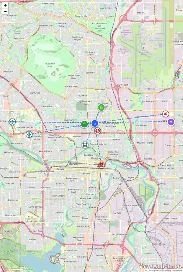 Daily accessibility map for 208 23 AV NW, Calgary showing nearby schools, grocery stores, parks, LRT stations and nearby amenities