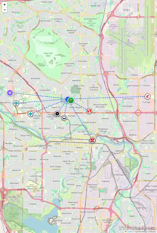 Daily accessibility map for 38 ROSERY DR NW, Calgary showing nearby schools, grocery stores, parks, LRT stations and nearby amenities
