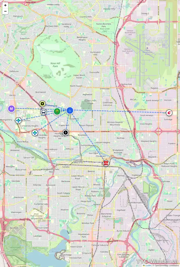 Daily accessibility map for 3228 15 ST NW, Calgary showing nearby schools, grocery stores, parks, LRT stations and nearby amenities