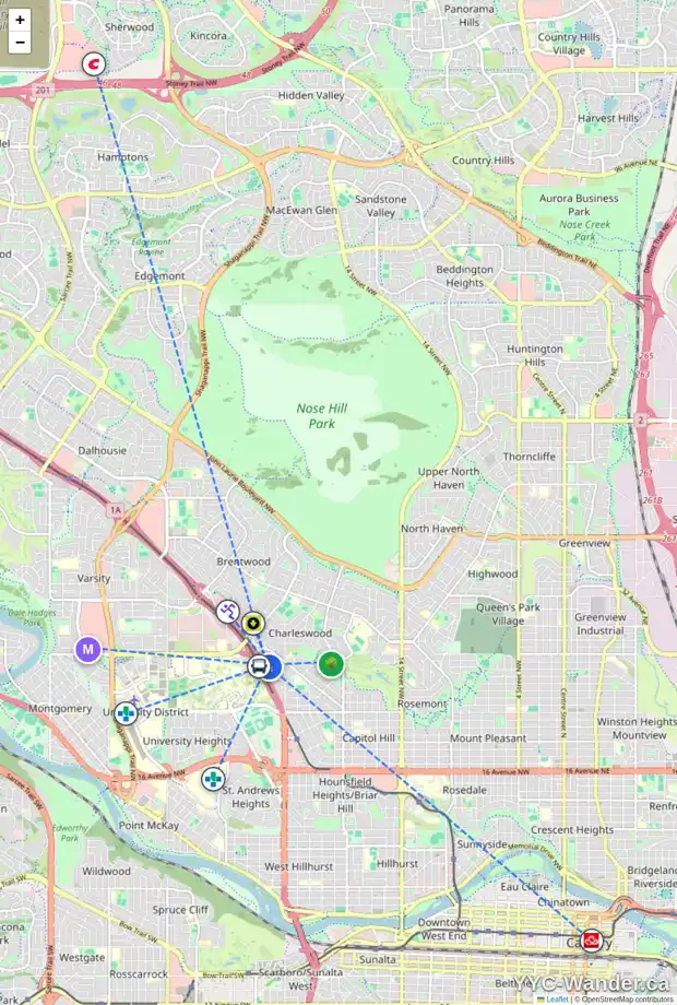 Daily accessibility map for 13 CATHEDRAL RD NW, Calgary showing nearby schools, grocery stores, parks, LRT stations and nearby amenities