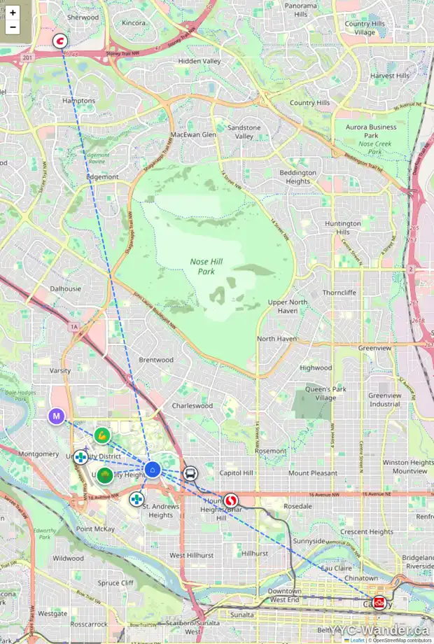 Daily accessibility map for 2908 UNWIN RD NW, Calgary showing nearby schools, grocery stores, parks, LRT stations and nearby amenities