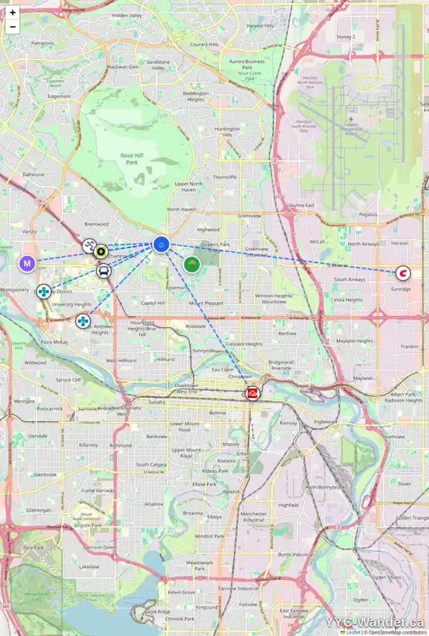 Daily accessibility map for 4012 COMANCHE RD NW, Calgary showing nearby schools, grocery stores, parks, LRT stations and nearby amenities