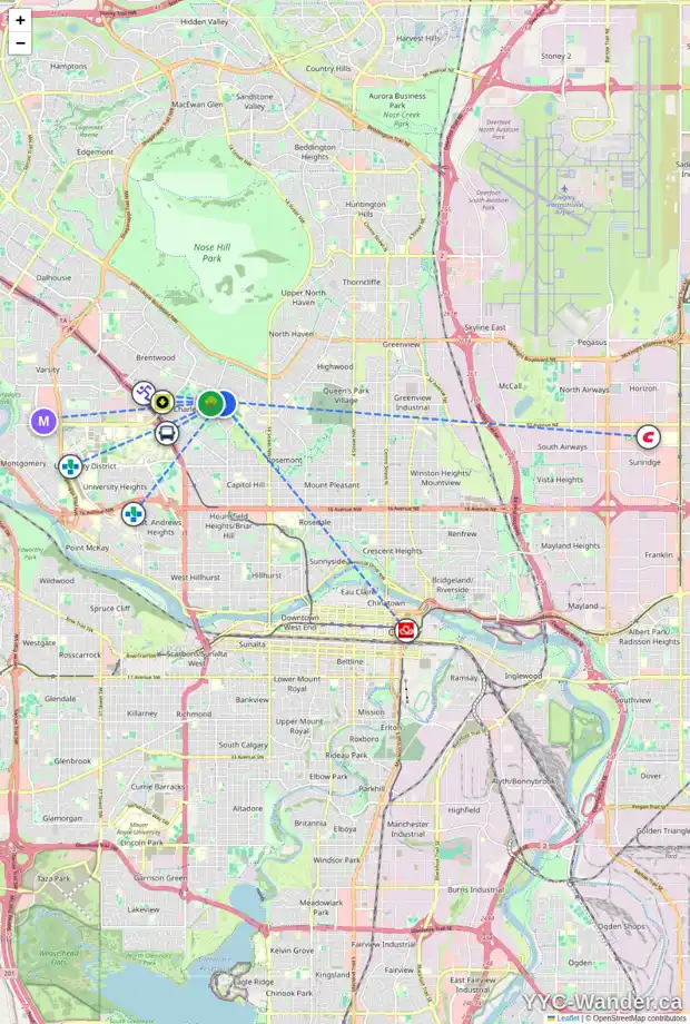 Daily accessibility map for 24 CUTHBERT PL NW, Calgary showing nearby schools, grocery stores, parks, LRT stations and nearby amenities
