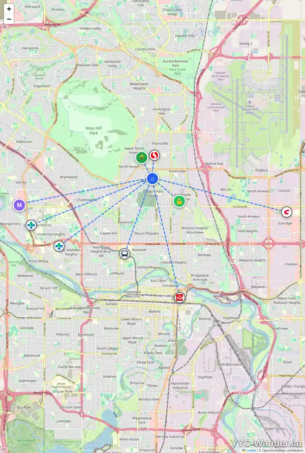 Daily accessibility map for 89 HARTFORD RD NW, Calgary showing nearby schools, grocery stores, parks, LRT stations and nearby amenities