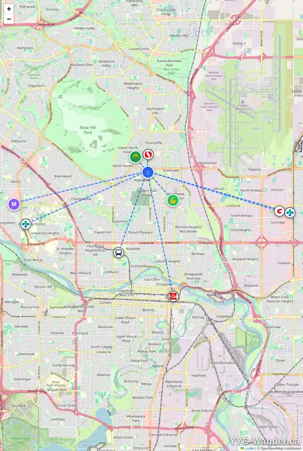 Daily accessibility map for 295 HENDON DR NW, Calgary showing nearby schools, grocery stores, parks, LRT stations and nearby amenities