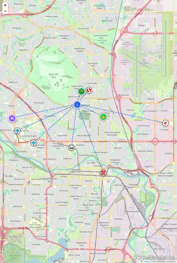 Daily accessibility map for 76 HOUNSLOW DR NW, Calgary showing nearby schools, grocery stores, parks, LRT stations and nearby amenities