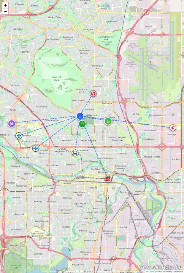 Daily accessibility map for 47 COLERIDGE RD NW, Calgary showing nearby schools, grocery stores, parks, LRT stations and nearby amenities