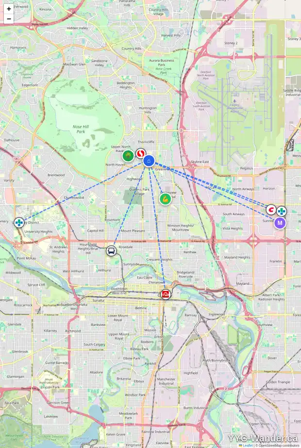 Daily accessibility map for 5311 THORNCLIFFE DR NW, Calgary showing nearby schools, grocery stores, parks, LRT stations and nearby amenities