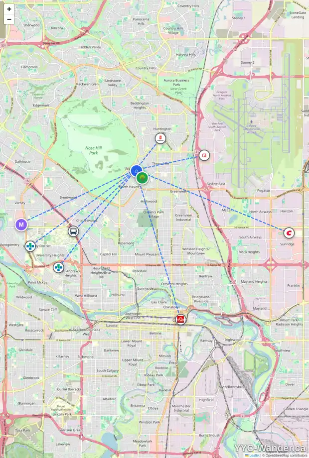 Daily accessibility map for 1319 56 AV NW, Calgary showing nearby schools, grocery stores, parks, LRT stations and nearby amenities
