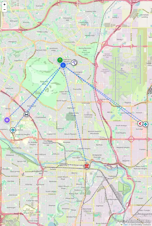 Daily accessibility map for 64 BERMONDSEY RI NW, Calgary showing nearby schools, grocery stores, parks, LRT stations and nearby amenities
