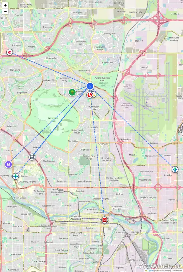 Daily accessibility map for 87 BERNARD CL NW, Calgary showing nearby schools, grocery stores, parks, LRT stations and nearby amenities