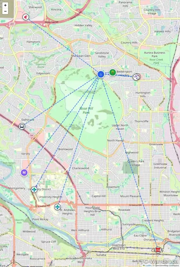 Daily accessibility map for 1383 BERKLEY DR NW, Calgary showing nearby schools, grocery stores, parks, LRT stations and nearby amenities