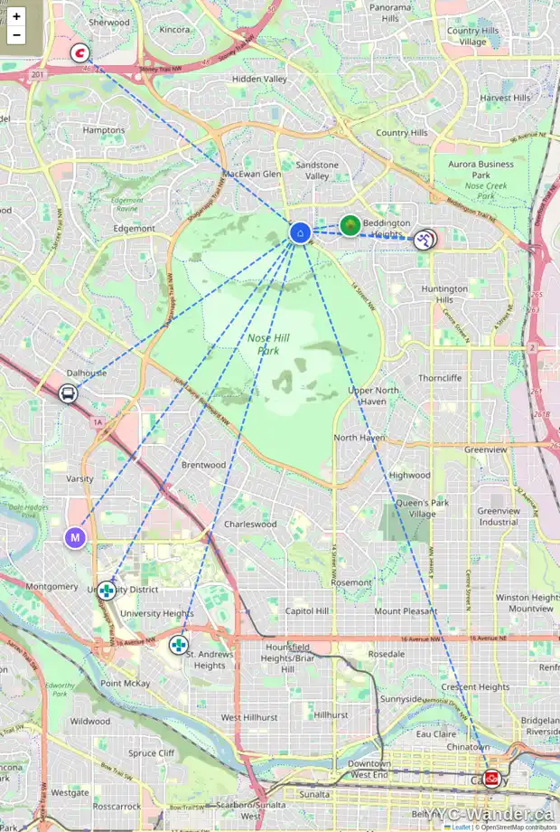 Daily accessibility map for 47 BEACONSFIELD PL NW, Calgary showing nearby schools, grocery stores, parks, LRT stations and nearby amenities