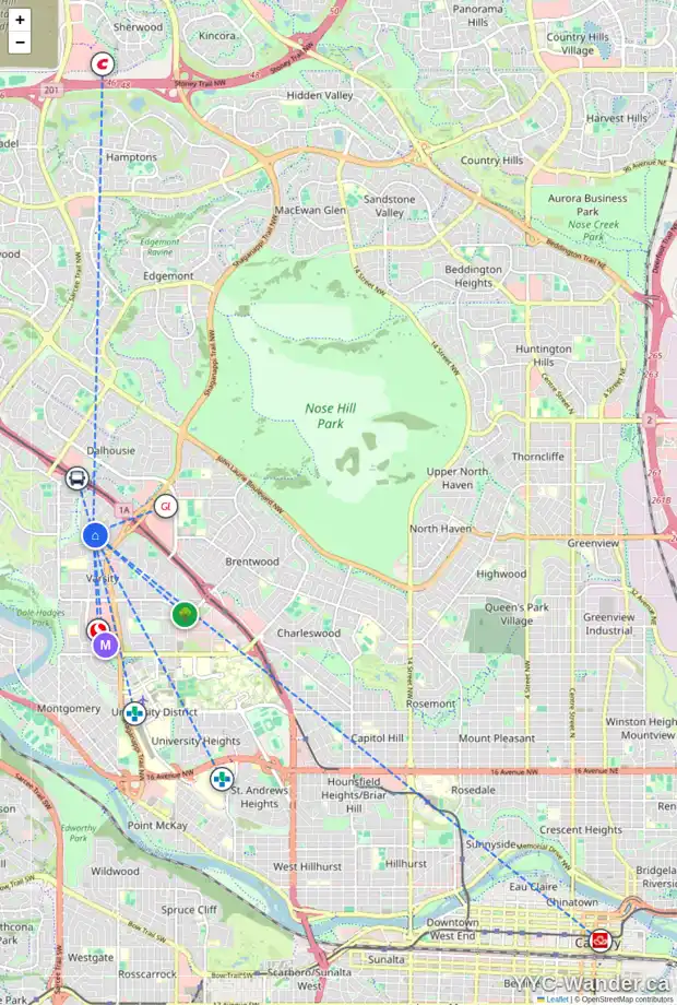 Daily accessibility map for 4915 48 ST NW, Calgary showing nearby schools, grocery stores, parks, LRT stations and nearby amenities