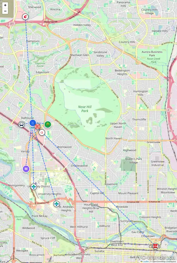 Daily accessibility map for 5827 DALGETTY DR NW, Calgary showing nearby schools, grocery stores, parks, LRT stations and nearby amenities