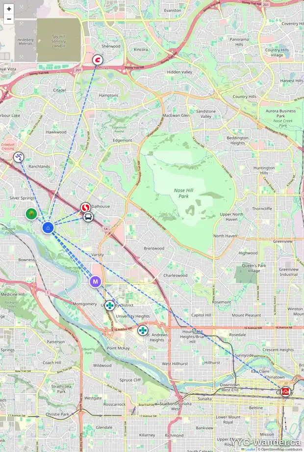 Daily accessibility map for 6608 SILVERDALE RD NW, Calgary showing nearby schools, grocery stores, parks, LRT stations and nearby amenities