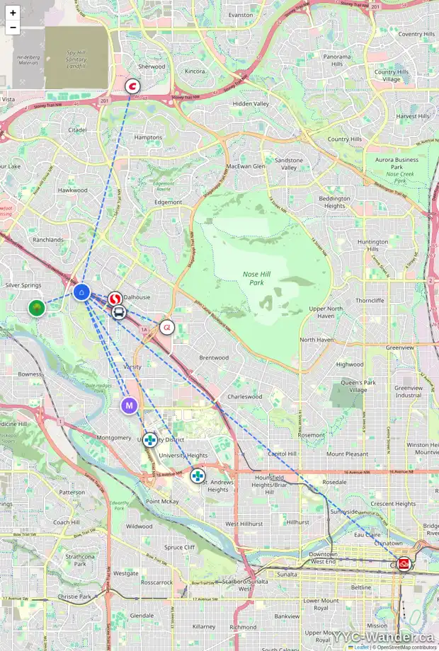 Daily accessibility map for 50 VARSITY ESTATES CL NW, Calgary showing nearby schools, grocery stores, parks, LRT stations and nearby amenities