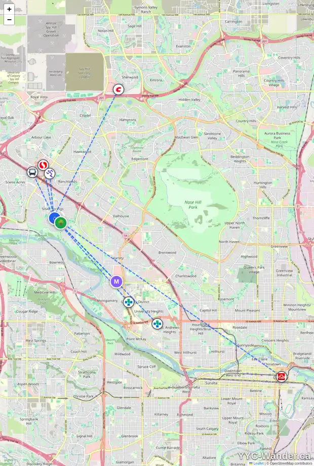 Daily accessibility map for 7308 SILVER MEAD RD NW, Calgary showing nearby schools, grocery stores, parks, LRT stations and nearby amenities