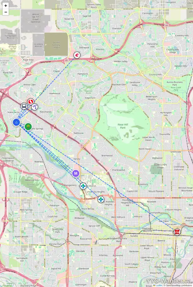 Daily accessibility map for 85 SCANDIA HL NW, Calgary showing nearby schools, grocery stores, parks, LRT stations and nearby amenities