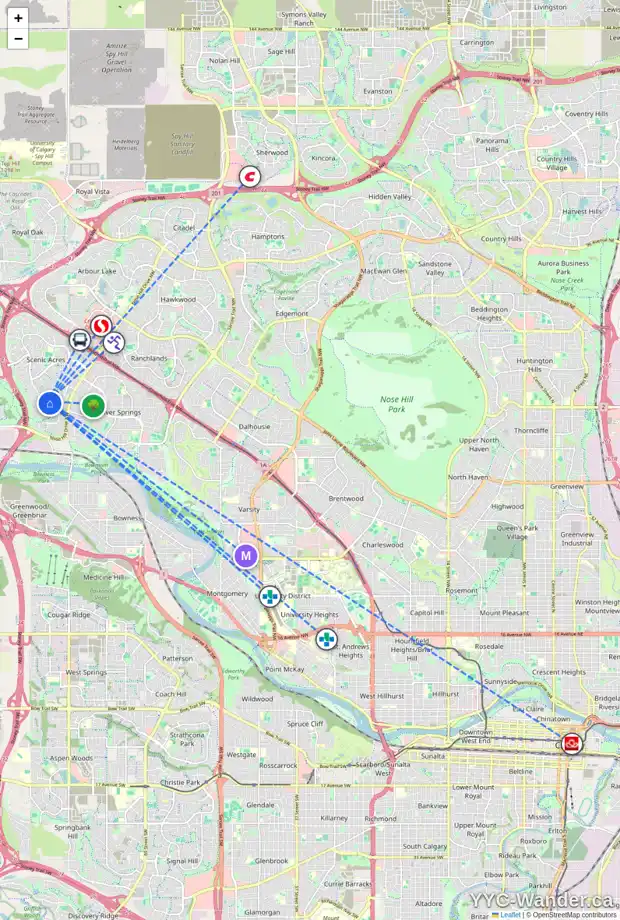 Daily accessibility map for 31 SCANDIA PT NW, Calgary showing nearby schools, grocery stores, parks, LRT stations and nearby amenities