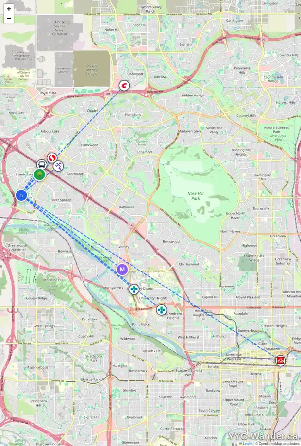 Daily accessibility map for 104 SCANDIA RI NW, Calgary showing nearby schools, grocery stores, parks, LRT stations and nearby amenities