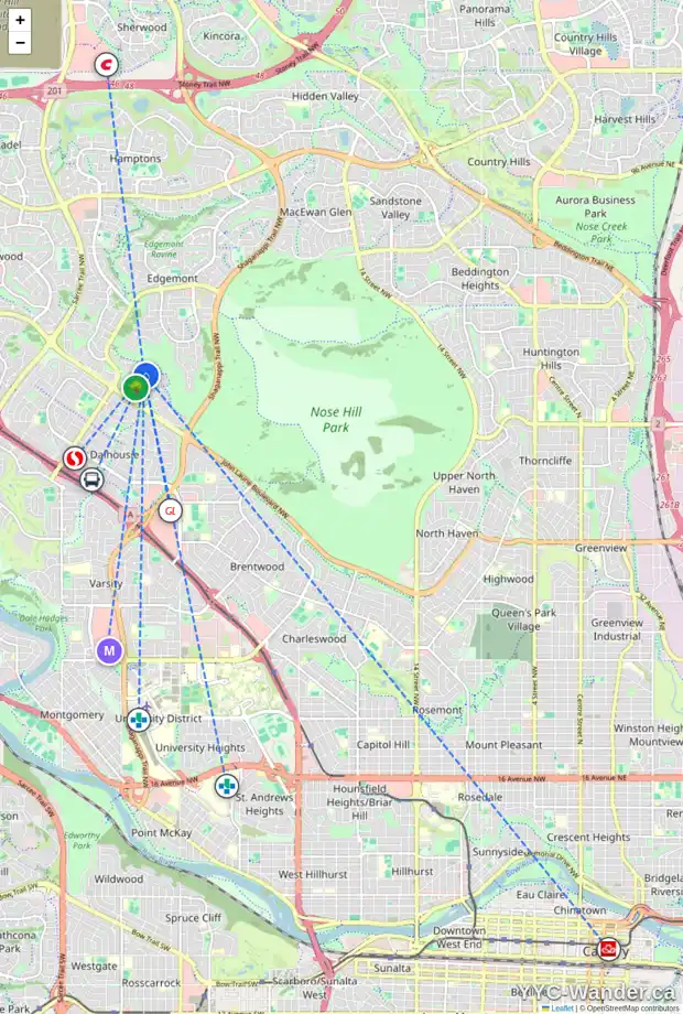 Daily accessibility map for 807 EDGEMONT RD NW, Calgary showing nearby schools, grocery stores, parks, LRT stations and nearby amenities