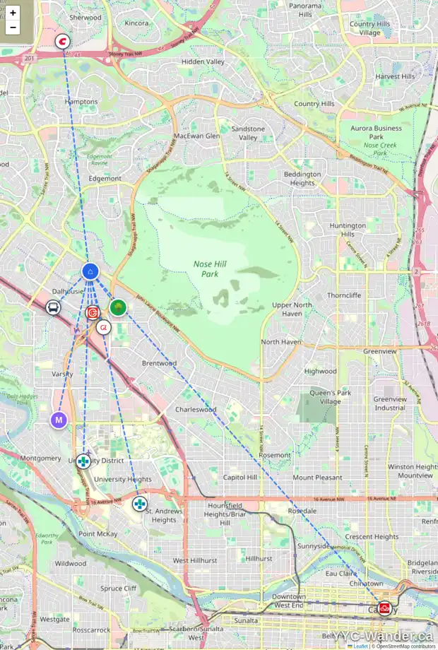 Daily accessibility map for 28 DALZELL PL NW, Calgary showing nearby schools, grocery stores, parks, LRT stations and nearby amenities