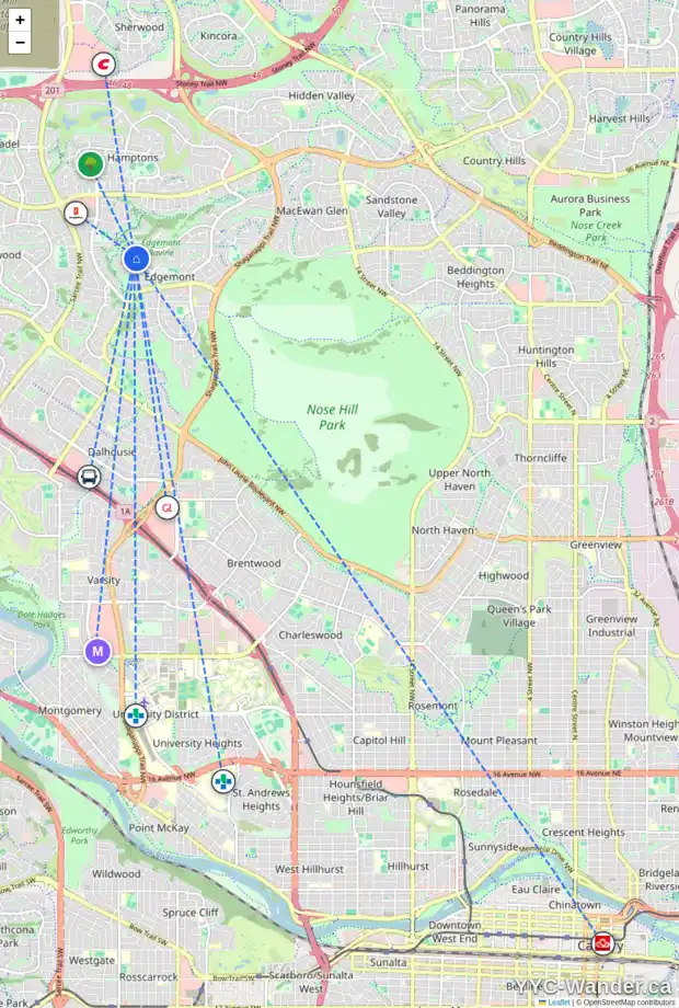 Daily accessibility map for 468 EDGEVIEW PL NW, Calgary showing nearby schools, grocery stores, parks, LRT stations and nearby amenities