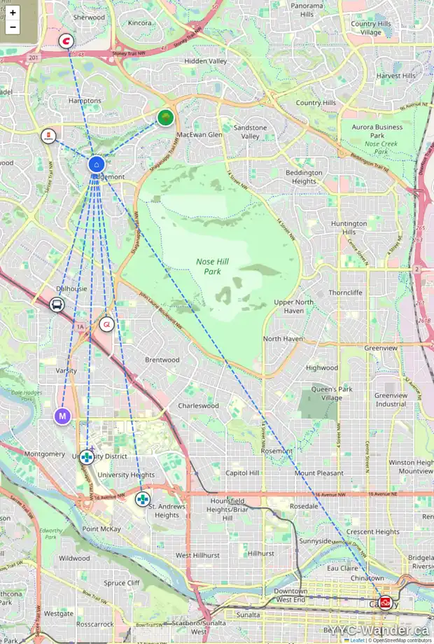 Daily accessibility map for 183 EDGEVALLEY CI NW, Calgary showing nearby schools, grocery stores, parks, LRT stations and nearby amenities
