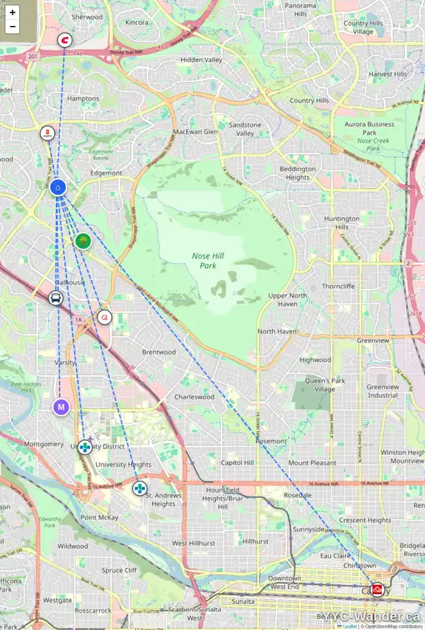 Daily accessibility map for 64 EDGELAND RD NW, Calgary showing nearby schools, grocery stores, parks, LRT stations and nearby amenities