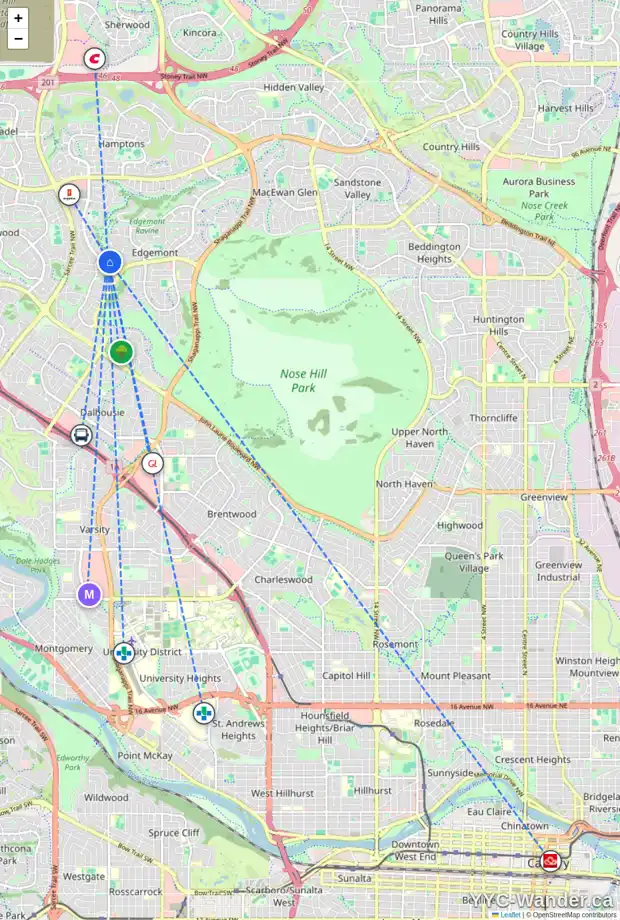 Daily accessibility map for 36 EDGEBYNE CR NW, Calgary showing nearby schools, grocery stores, parks, LRT stations and nearby amenities