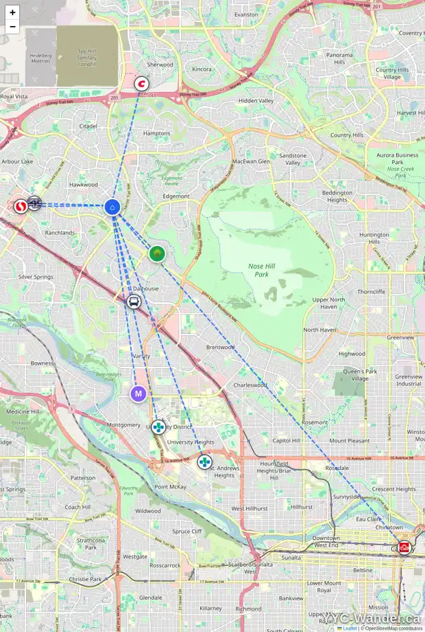 Daily accessibility map for 131 HAWKWOOD BV NW, Calgary showing nearby schools, grocery stores, parks, LRT stations and nearby amenities