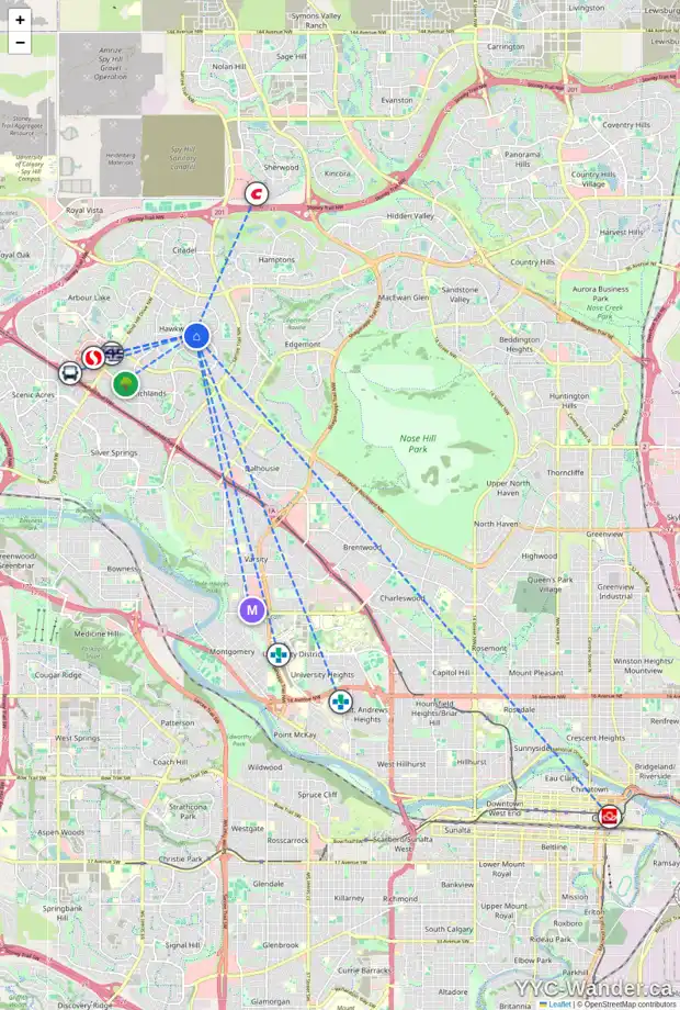 Daily accessibility map for 110 HAWKVIEW MANOR CO NW, Calgary showing nearby schools, grocery stores, parks, LRT stations and nearby amenities