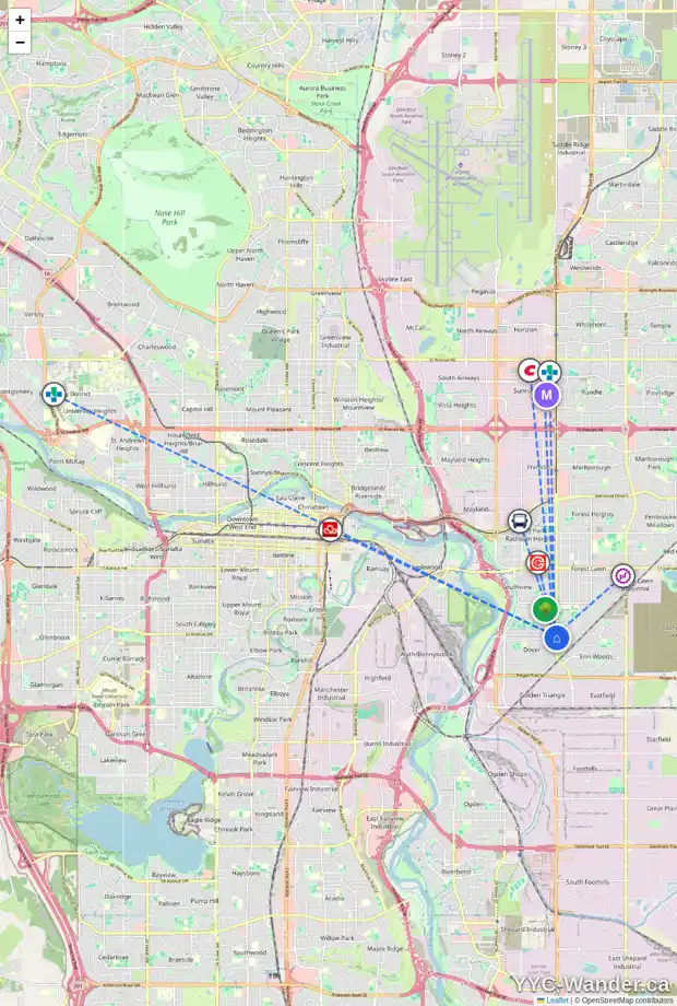 Daily accessibility map for 3465 33A AV SE, Calgary showing nearby schools, grocery stores, parks, LRT stations and nearby amenities