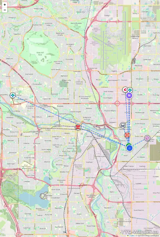 Daily accessibility map for 3035 33A ST SE, Calgary showing nearby schools, grocery stores, parks, LRT stations and nearby amenities