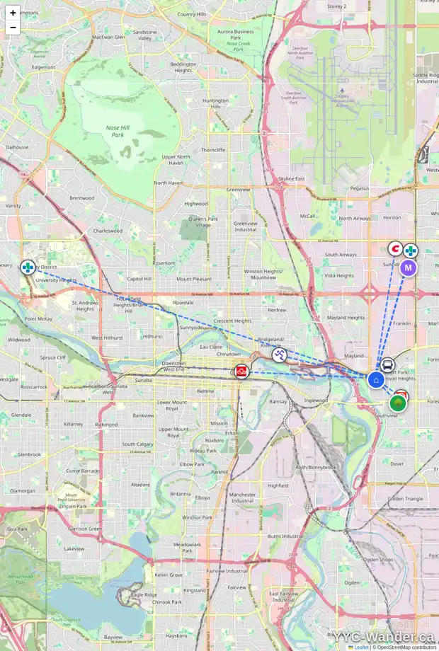 Daily accessibility map for 2542 10 AV SE, Calgary showing nearby schools, grocery stores, parks, LRT stations and nearby amenities