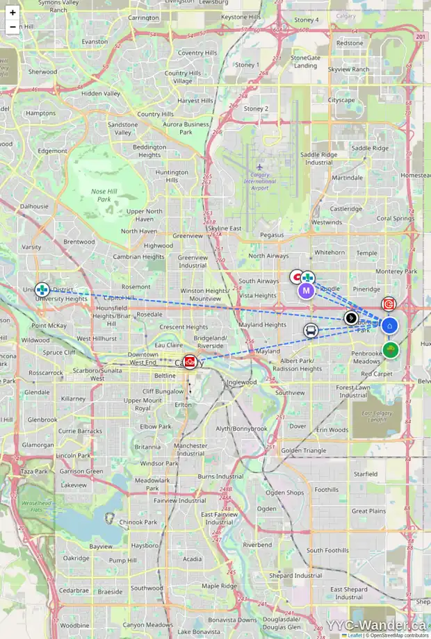 Daily accessibility map for 608 ABOYNE CR NE, Calgary showing nearby schools, grocery stores, parks, LRT stations and nearby amenities